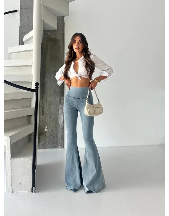 Buz Mavi Yüksek Bel Likralı İspanyol Paça Kot Tayt