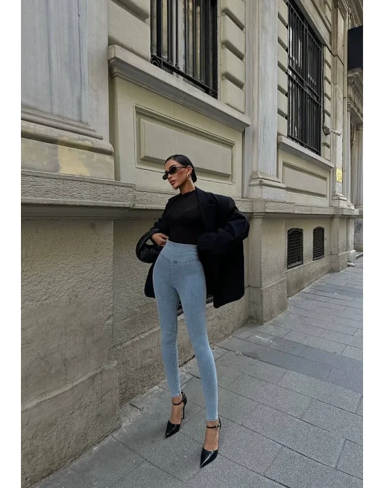 Buz Mavi Yüksel Bel En Boy Likralı Jean Tayt