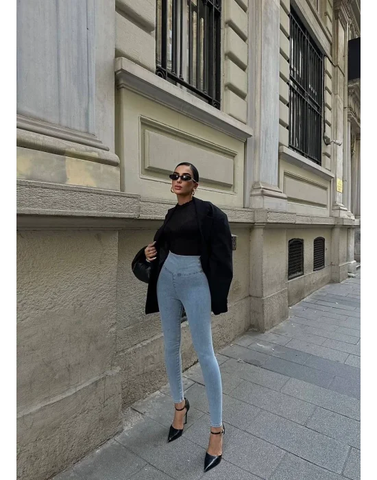 Buz Mavi Yüksel Bel En Boy Likralı Jean Tayt