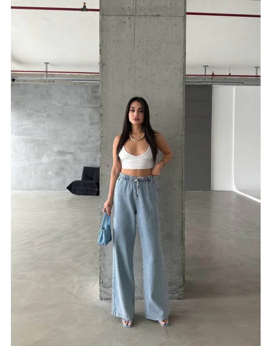 Buz Rengi Palazo Bel Bağlamalı Jean