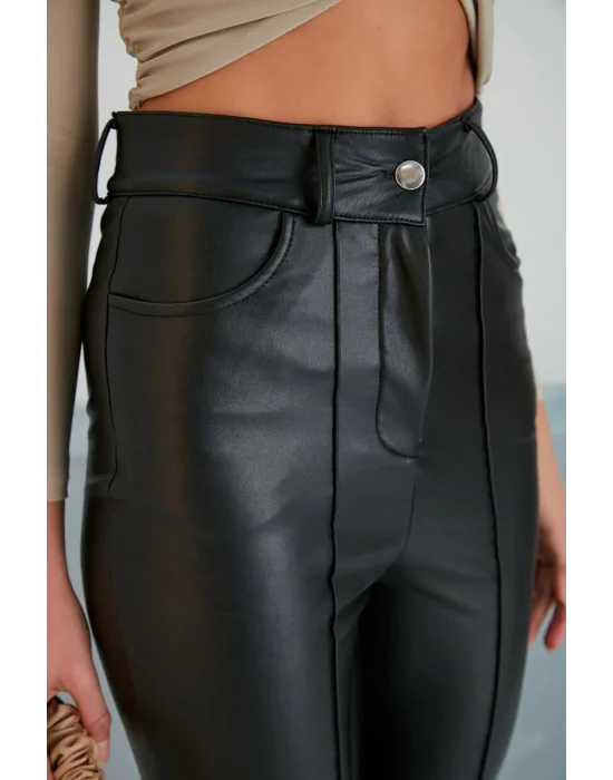 Çımalı Düğmeli Deri Pantolon