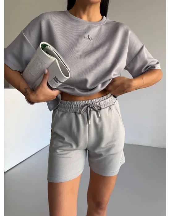 Gri Alo Yoga Modal Crop Şortlu Takım