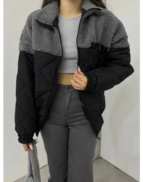 Gri Kapitone İçi Astarlı Kürklü Mont