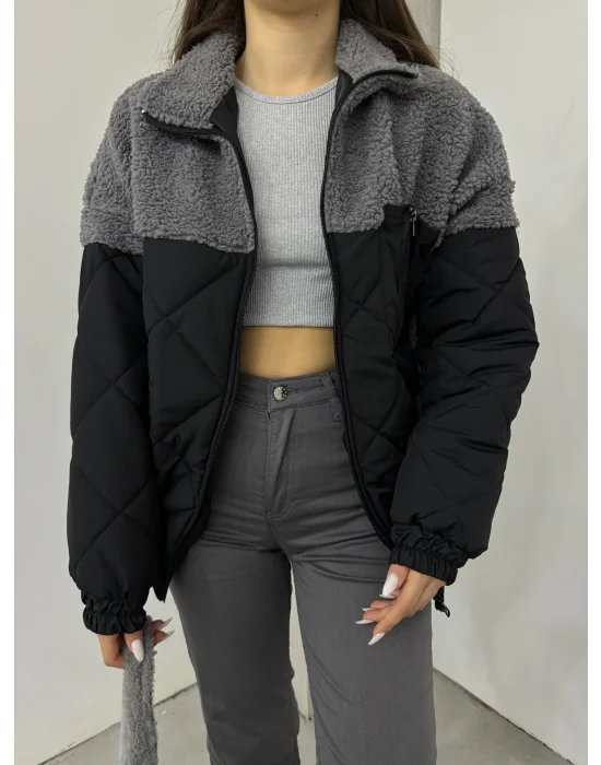 Gri Kapitone İçi Astarlı Kürklü Mont