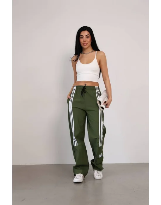 Haki Önden Üç Şerit Paça Cep Detay Paraşüt Eşofman