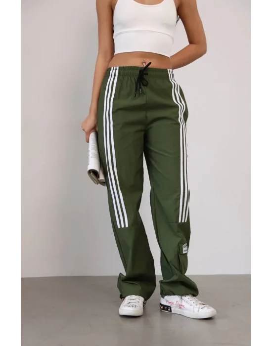 Haki Önden Üç Şerit Paça Cep Detay Paraşüt Eşofman