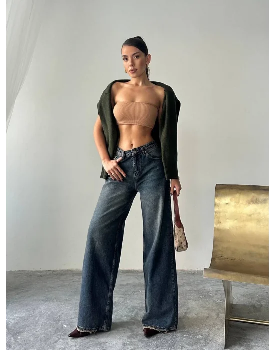 Kadın Vladya Solmaz Siyah Likralı Bol Paça Jean - Salaş Kot Pantolon