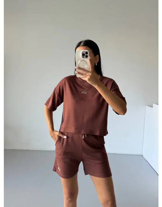 Kahve Alo Yoga Modal Crop Şortlu Takım