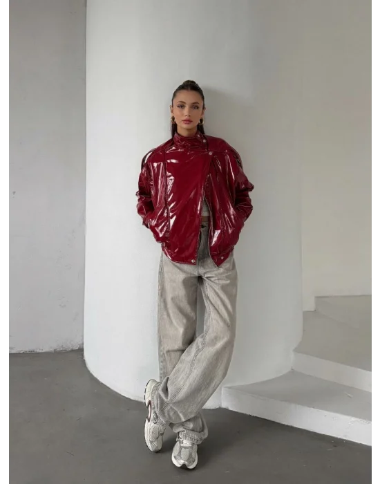 Kırmızı ZR Rugan Parlak Premium Geniş Kalıp Ceket