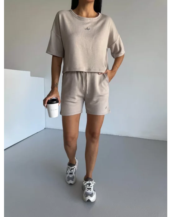 Krem Alo Yoga Modal Crop Şortlu Takım