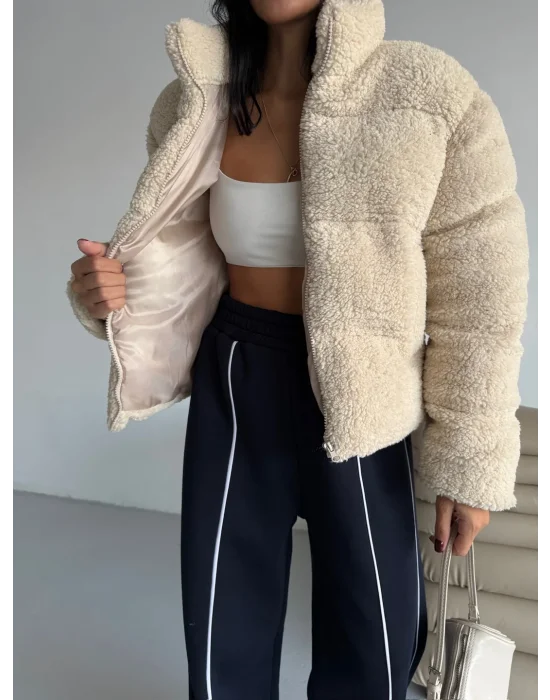 Krem Moderen Kuzu İçi Astarlı Coat