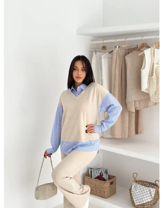 Krem Selanik Kumaş Gömlek Kazak