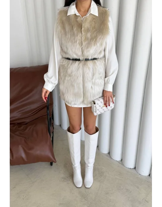 Krem Zra Kemerli Astarlı Yelek