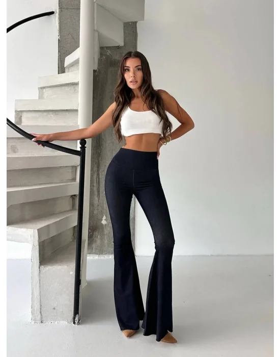 Lacivert Yüksek Bel Likralı İspanyol Paça Kot Tayt