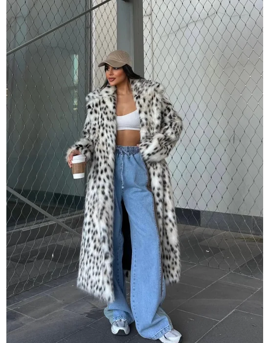 Leopar Ceket Yaka İçi Satarlı Uzun Kürk Kaban