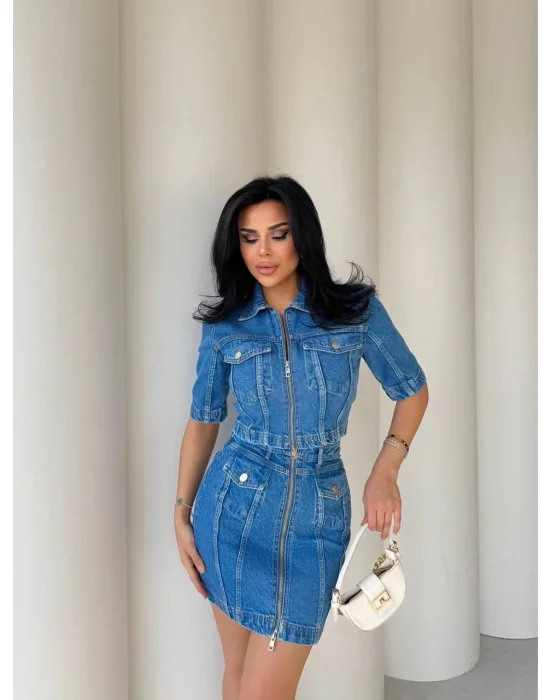 Mavi Denim Fermuarlı Etekli Takım