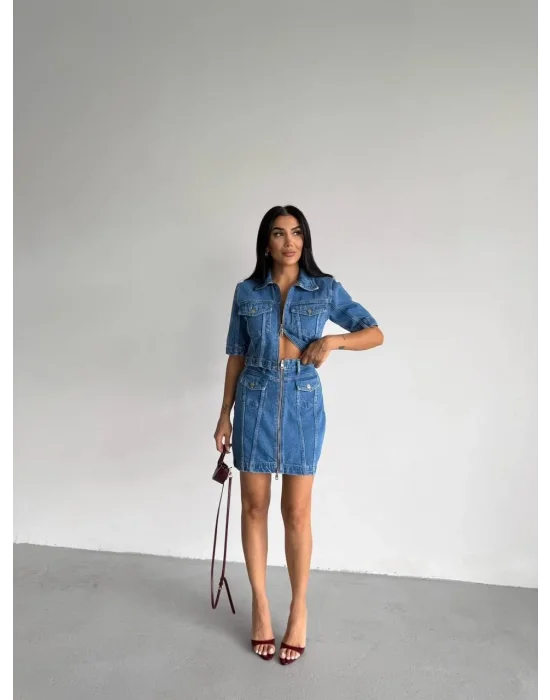 Mavi Denim Fermuarlı Etekli Takım