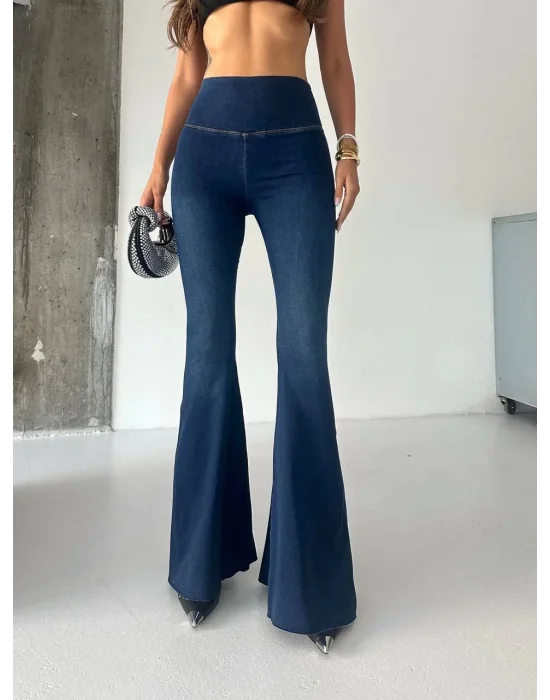 Mavi Yüksek Bel Likralı İspanyol Paça Kot Tayt