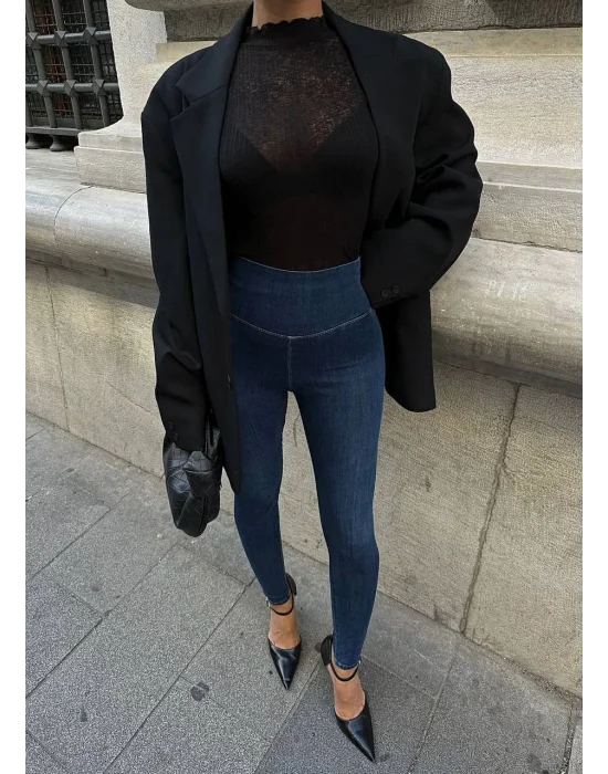 Mavi Yüksel Bel En Boy Likralı Jean Tayt