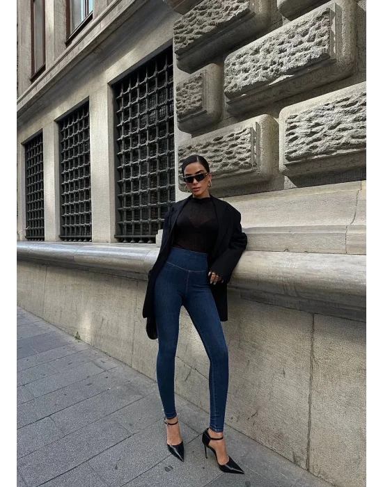 Mavi Yüksel Bel En Boy Likralı Jean Tayt