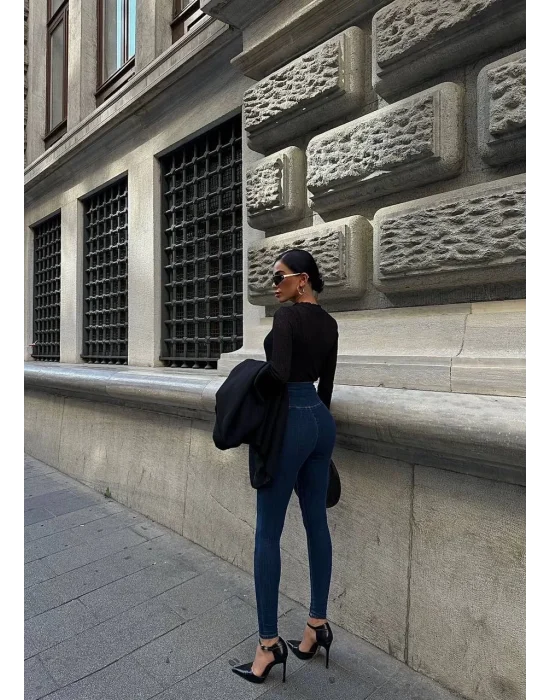 Mavi Yüksel Bel En Boy Likralı Jean Tayt