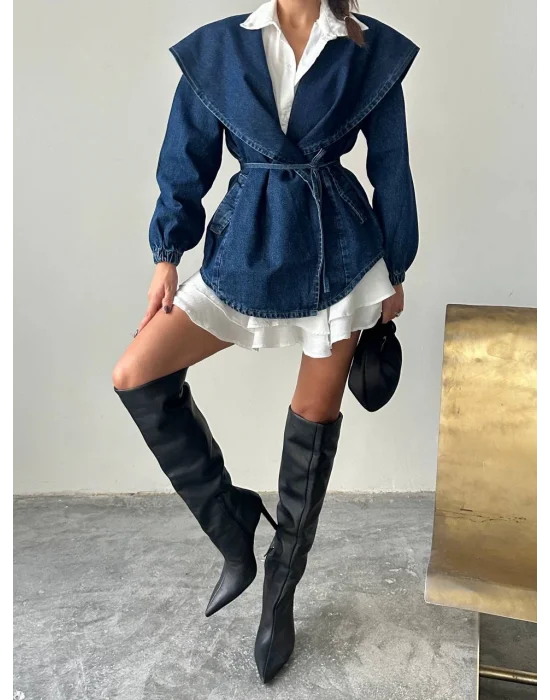 Önden Bağlamalı Kot Ceket