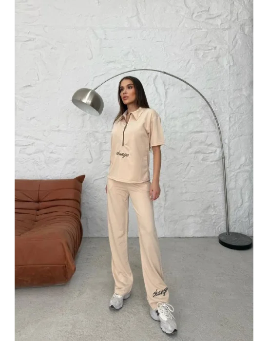 Pudra İki İplik Paça Nakışlı İkili Takım