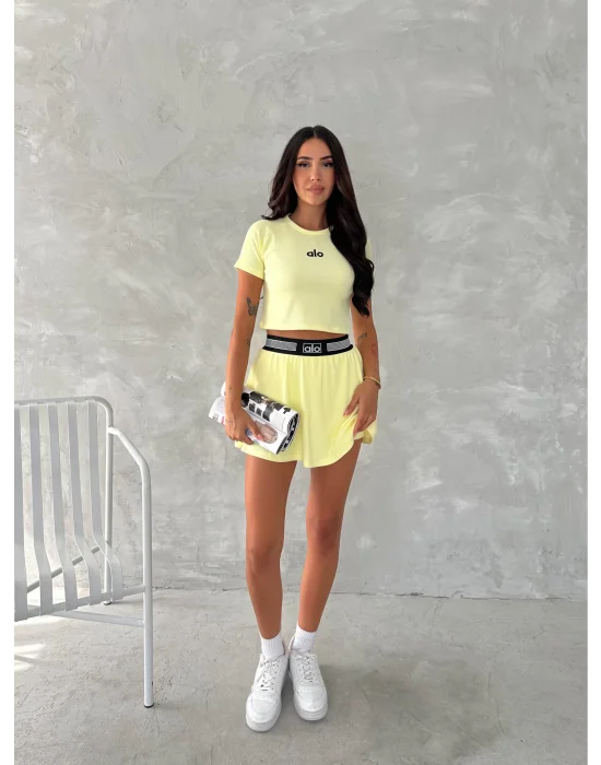 Sarı Alo Çizgili Ribana Şort Etekli Takım