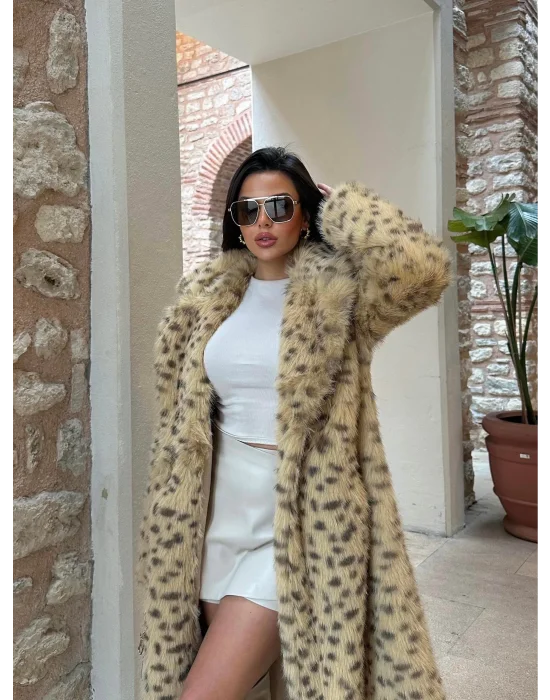 Sarı Leopar Ceket Yaka İçi Satarlı Uzun Kürk Kaban