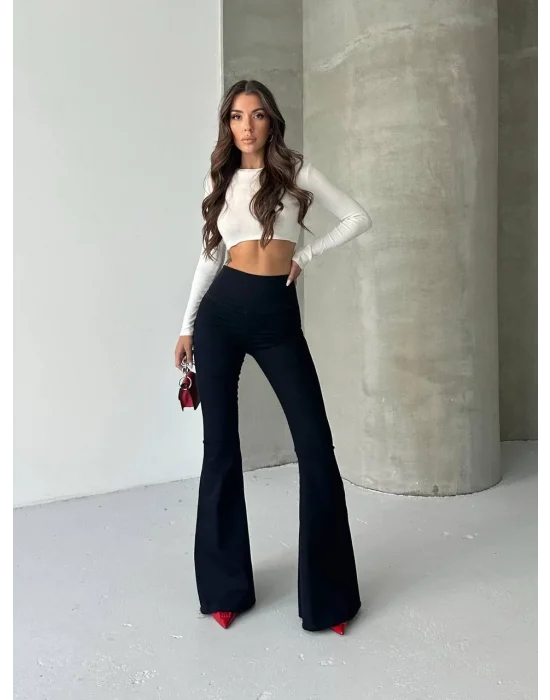 Siyah Yüksek Bel Likralı İspanyol Paça Kot Tayt