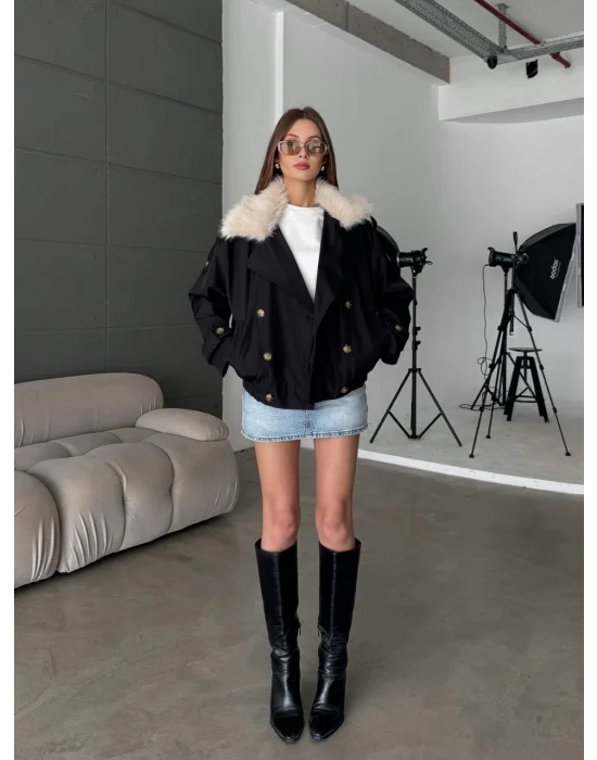 Siyah Özel Üretim Yaka Kürklü