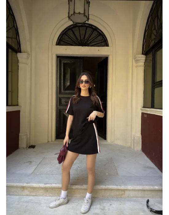 Siyah Şeritli Şort Etekli Modal Takım