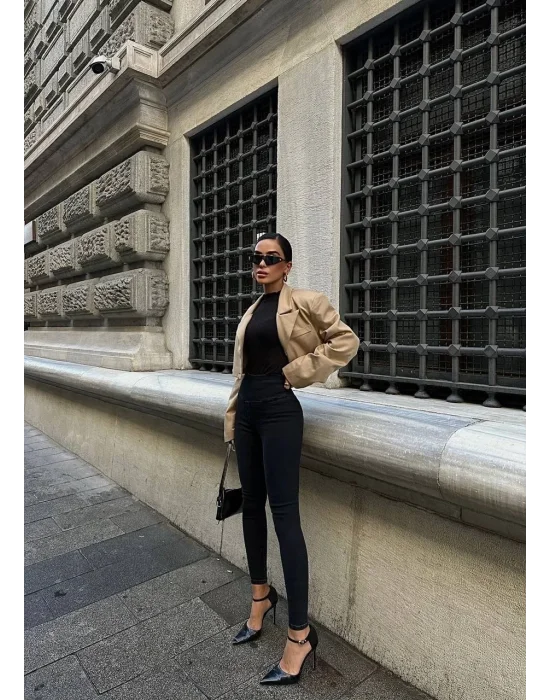 Siyah Yüksel Bel En Boy Likralı Jean Tayt