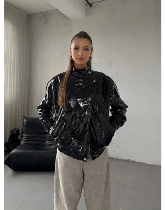 Siyah ZR Rugan Parlak Premium Geniş Kalıp Ceket