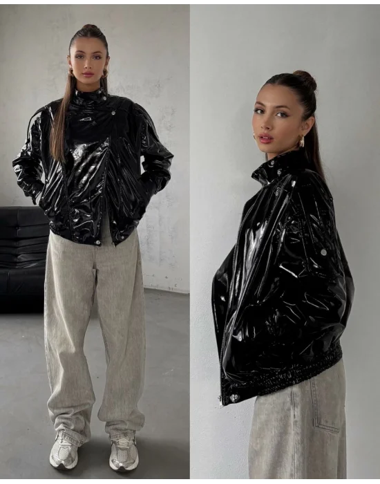 Siyah ZR Rugan Parlak Premium Geniş Kalıp Ceket