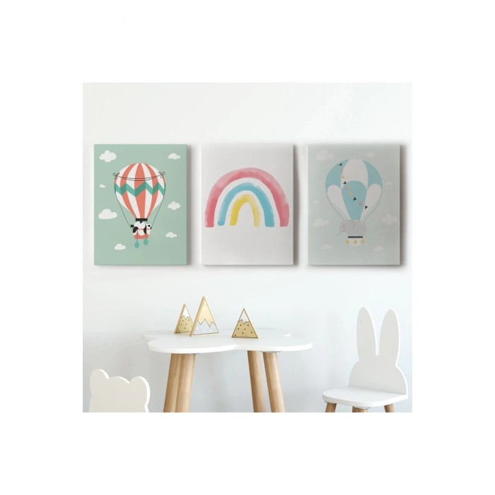 3’lü Tablo Balonla Uçan Sevimli Hayvanlar Temalı Dekoratif Duvar Tablo Seti-BP-41