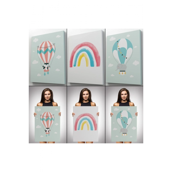 3’lü Tablo Balonla Uçan Sevimli Hayvanlar Temalı Dekoratif Duvar Tablo Seti-BP-41