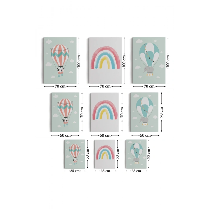 3’lü Tablo Balonla Uçan Sevimli Hayvanlar Temalı Dekoratif Duvar Tablo Seti-BP-41