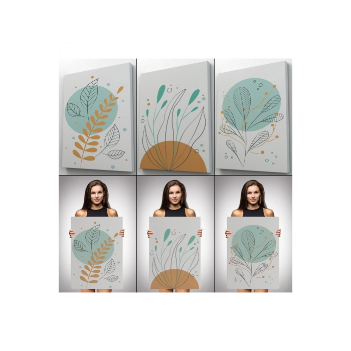 3’lü Tablo Botanik Bitkiler Koleksiyon Dekoratif Duvar Tablo Seti-BC-28
