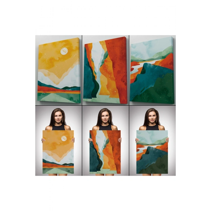 3’lü Tablo Estetik Manzaralar Suluboya Sanat Dekoratif Tablo Seti-AC-3