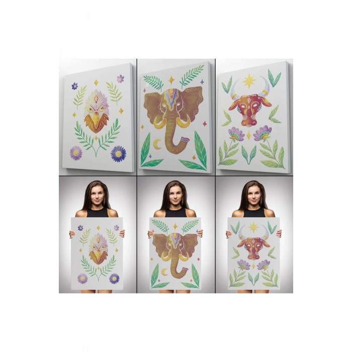 3’lü Tablo Hayvan Temalı Koleksiyon Dekoratif Şık ve Modern Duvar Tablo Seti-AT-20