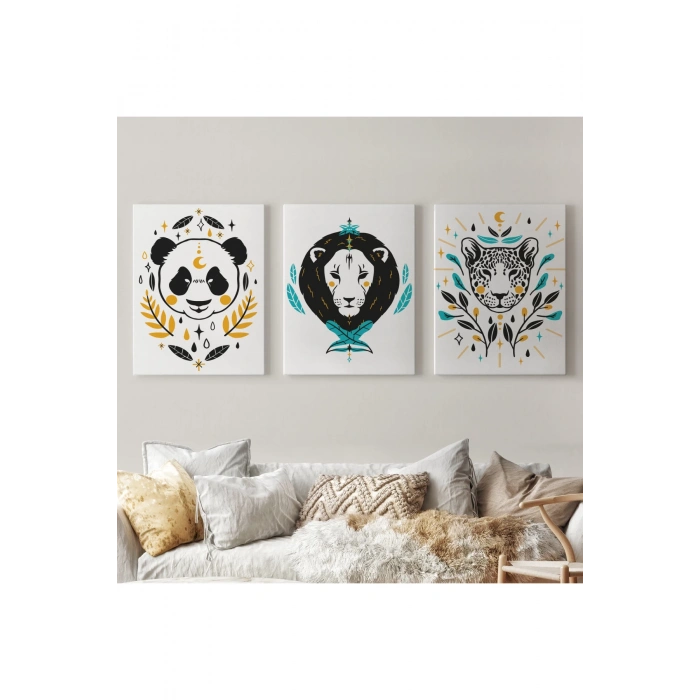 3’lü Tablo Hayvan Temalı Koleksiyon Dekoratif Şık ve Modern Duvar Tablo Seti-AU-21
