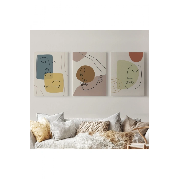 3’lü Tablo Minimal Şekiller ve Çizgi Sanat Yüzleri Soyut Sanat Tablo Seti-AP-16