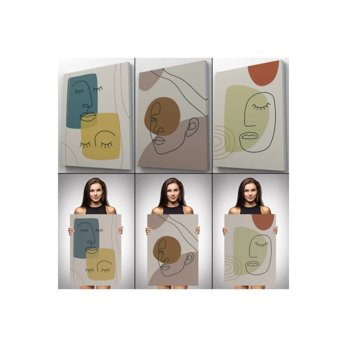 3’lü Tablo Minimal Şekiller ve Çizgi Sanat Yüzleri Soyut Sanat Tablo Seti-AP-16