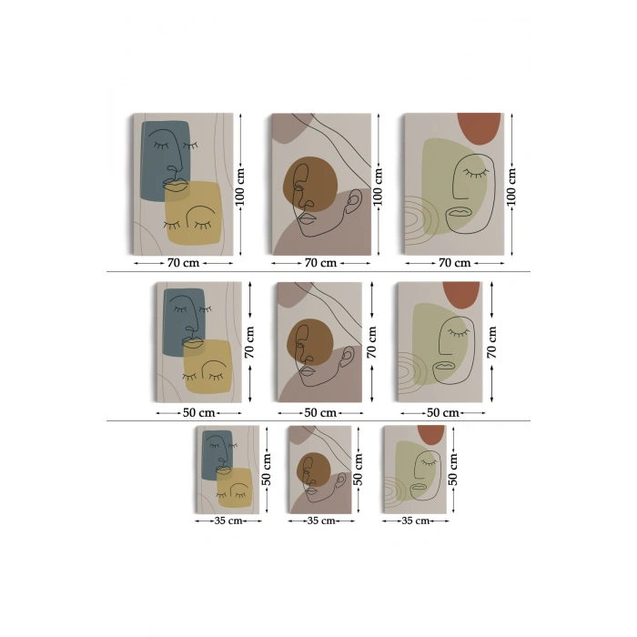 3’lü Tablo Minimal Şekiller ve Çizgi Sanat Yüzleri Soyut Sanat Tablo Seti-AP-16