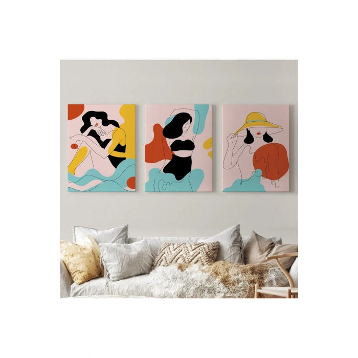 3’lü Tablo Renkli Zarif Kadınlar Çizgi Sanat Tarzında Dekoratif Tablo Seti-AS-18