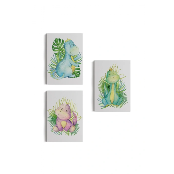 3’lü Tablo Sevimli Dinozor Dekoratif Duvar Tablo Seti-BZ-50