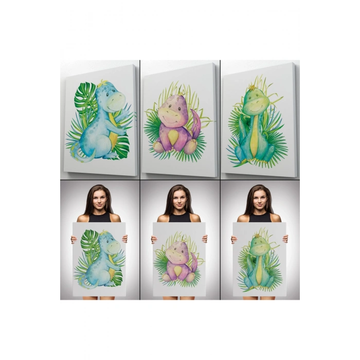 3’lü Tablo Sevimli Dinozor Dekoratif Duvar Tablo Seti-BZ-50