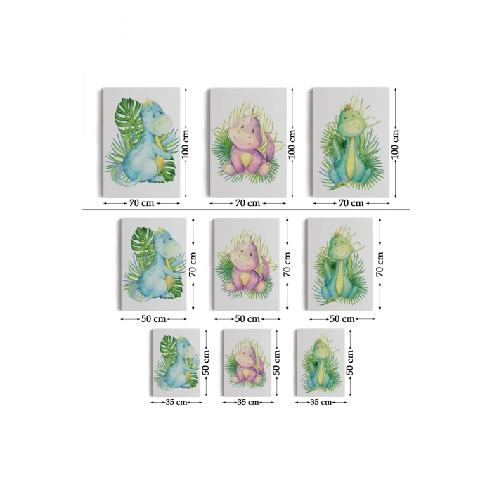 3’lü Tablo Sevimli Dinozor Dekoratif Duvar Tablo Seti-BZ-50