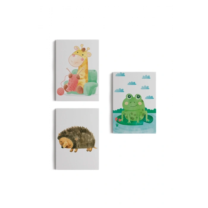 3’lü Tablo Sevimli Hayvanlar Suluboya Görünümlü Dekoratif Tablo Seti-BL-37